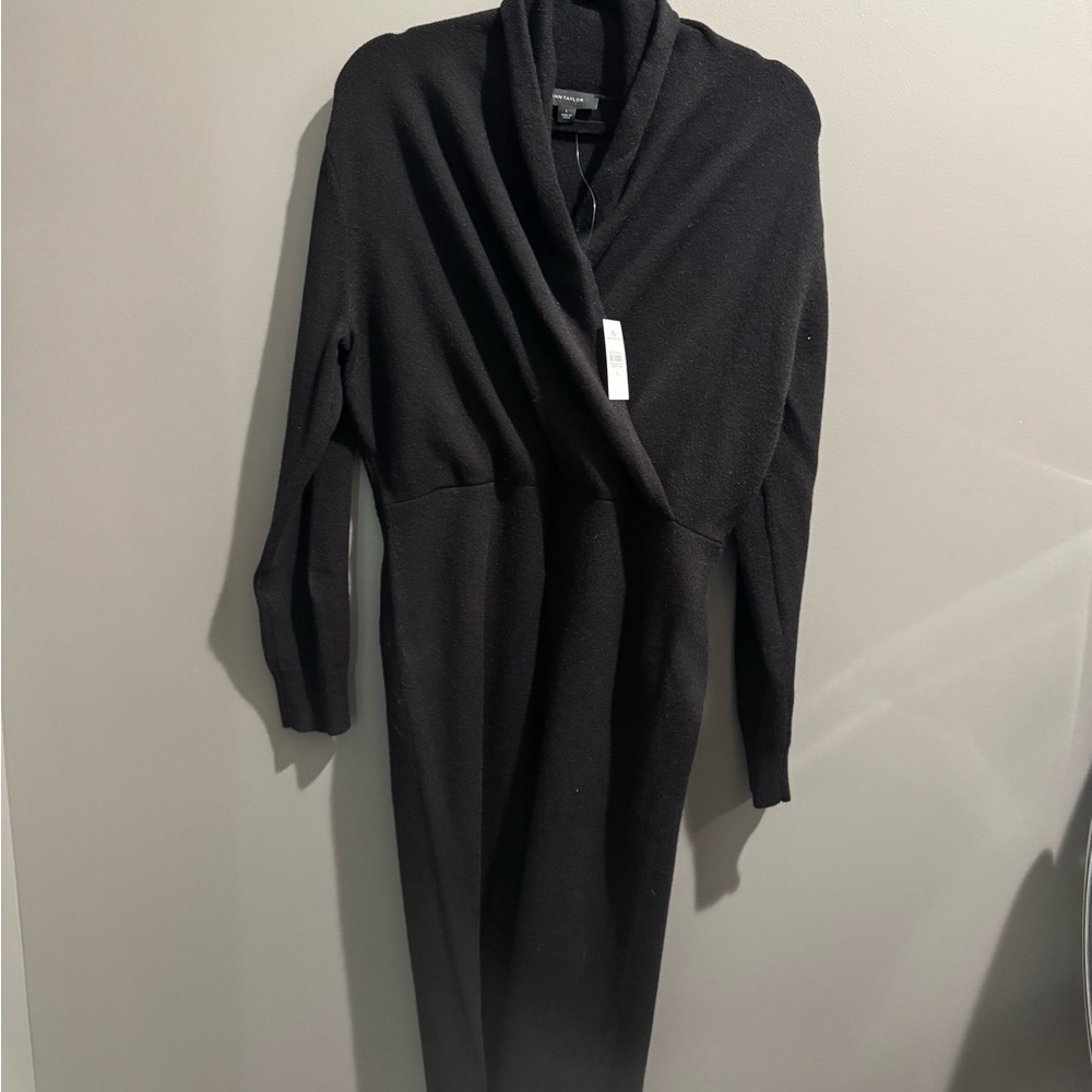 Ann Taylor Shawl Collar Sweater Dress - Elegant Black Women's Dress